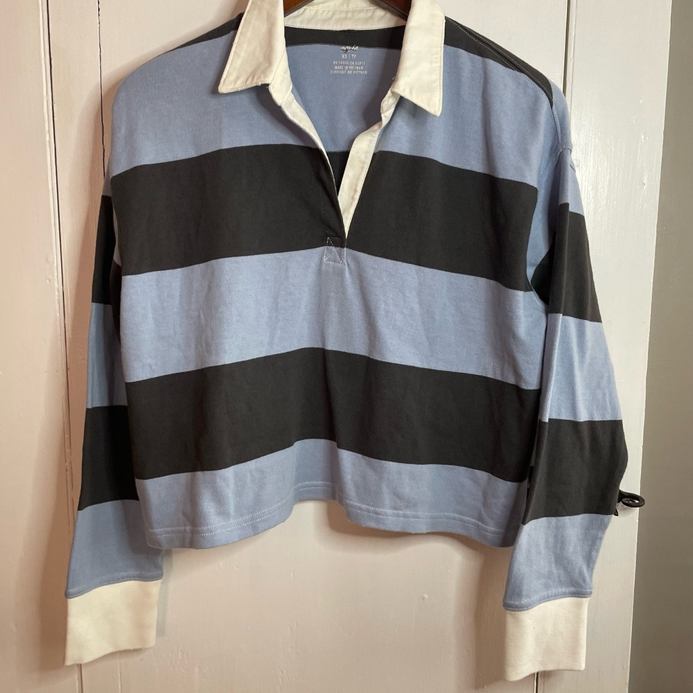 AERIE | Striped Rugby Crop Top in Light Blue, Black & White Trim XS | NWOT